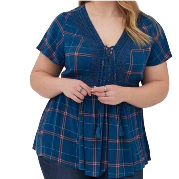 Torrid Blue Plaid Crinkle Front Lace Up Vneck Corset top Sz M/L 10 US Castlecore - Picture 1 of 9